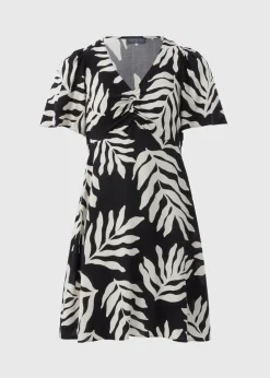 Black Monochrome Leaf Mini Tea Dress