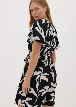 Black Monochrome Leaf Tie Waist Mini Dress.