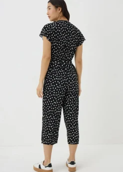 Black Monochrome Spot Plisse Culotte Jumpsuit