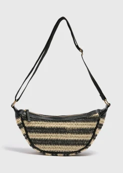 Black Straw Cross Body Bag