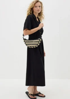 Black Straw Cross Body Bag