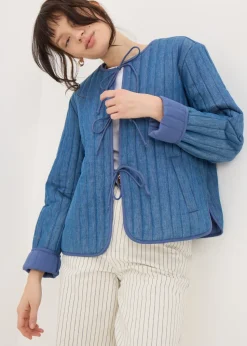 Blue Quilted Denim Tie Front Jacket