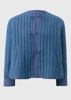 Blue Quilted Denim Tie Front Jacket