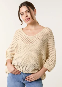 Blue Vanilla Beige Crochet V Neck Jumper