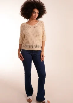 Blue Vanilla Beige Crochet V Neck Top