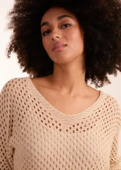 Blue Vanilla Beige Crochet V Neck Top