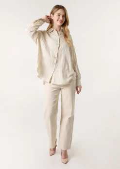 Blue Vanilla Beige Embroidered Linen Shirt