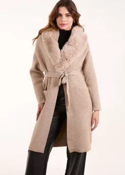 Blue Vanilla Beige Faux Fur Collar Two Pocket Cardigan