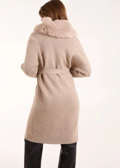 Blue Vanilla Beige Faux Fur Collar Two Pocket Cardigan