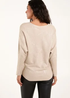 Blue Vanilla Beige Foil Leaf Print Round Neck Jumper