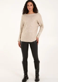 Blue Vanilla Beige Foil Leaf Print Round Neck Jumper