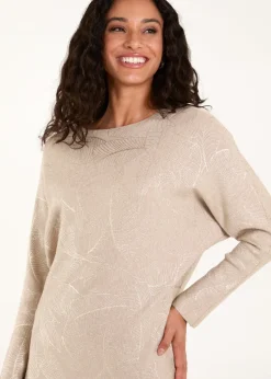 Blue Vanilla Beige Foil Leaf Print Round Neck Jumper