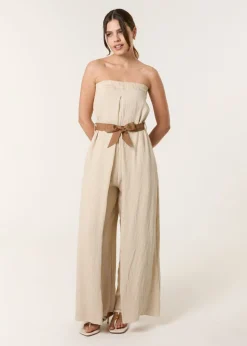 Blue Vanilla Beige Linen Belted Wide Bandeau Jumpsuit