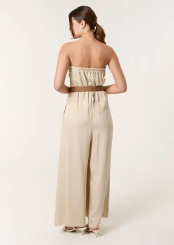 Blue Vanilla Beige Linen Belted Wide Bandeau Jumpsuit