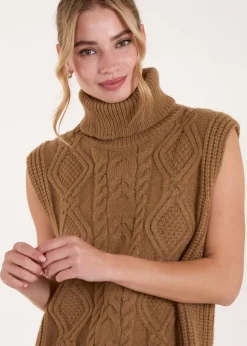 Blue Vanilla Beige Roll Neck Cable Knitted Oversized Sleeveless Jumper