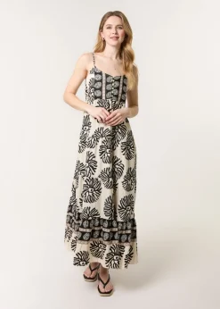 Blue Vanilla Black Abstract Strappy Button Front Maxi Dress