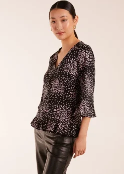 Blue Vanilla Black Button Front V Neck Flounce Blouse