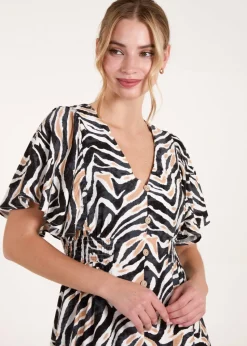 Blue Vanilla Black Button Front Shirred Waist Mini Dress