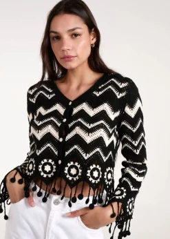 Blue Vanilla Black Crochet Zig Zag Tassel Detailed Button Front Cardigan