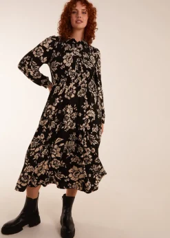 Blue Vanilla Black Curve Shirred Bust Long Sleeve Midi Shirred Dress