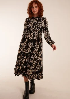 Blue Vanilla Black Curve Shirred Bust Long Sleeve Midi Shirred Dress