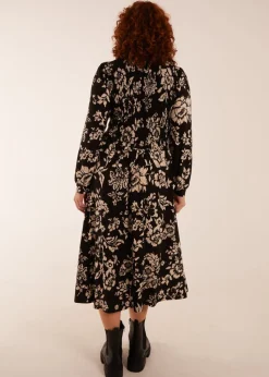 Blue Vanilla Black Curve Shirred Bust Long Sleeve Midi Shirred Dress