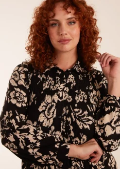 Blue Vanilla Black Curve Shirred Bust Long Sleeve Midi Shirred Dress