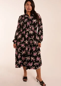 Blue Vanilla Black Curve Shirred Bust Long Sleeve Midi Shirt Dress