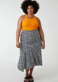 Blue Vanilla Black Curve Asymmetric Seam Midi Skirt