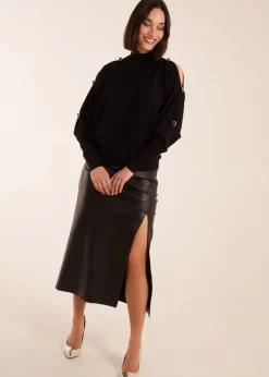 Blue Vanilla Black High Neck Heart Diamante Cold Shoulder Jumper