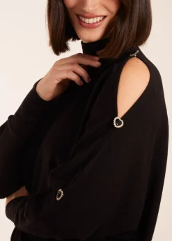 Blue Vanilla Black High Neck Heart Diamante Cold Shoulder Jumper