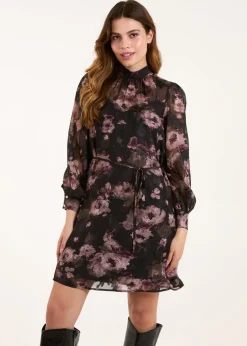 Blue Vanilla Black High Neck Floral Jacquard Dress With Tie Waist
