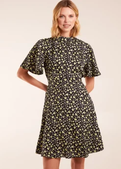 Blue Vanilla Black High Neck Flutter Sleeve Dress