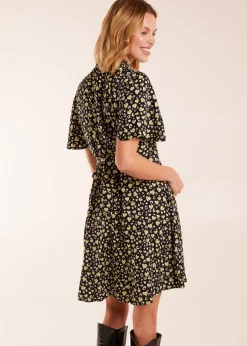 Blue Vanilla Black High Neck Flutter Sleeve Dress