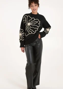 Blue Vanilla Black Large Flower Embroidery Jumper