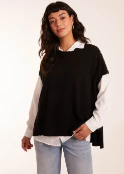 Blue Vanilla Black Oversized Button Shoulder Top
