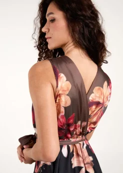 Blue Vanilla Black Satin Print Double V Wrap Dress