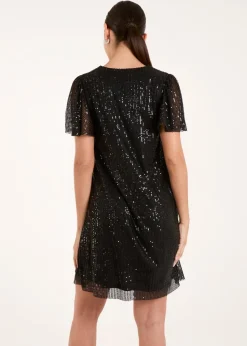 Blue Vanilla Black Sequin Flutter Sleeve Dress