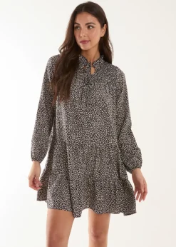 Blue Vanilla Black Shirred Cheetah Smock Dress