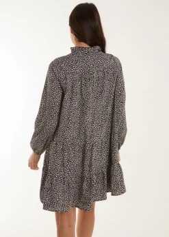 Blue Vanilla Black Shirred Cheetah Smock Dress