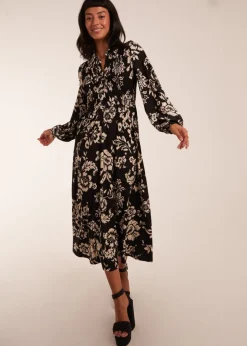 Blue Vanilla Black Shirred Bust Long Sleeve Midi Shirt Dress