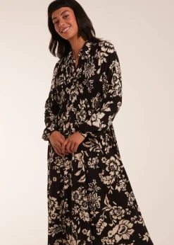 Blue Vanilla Black Shirred Bust Long Sleeve Midi Shirt Dress