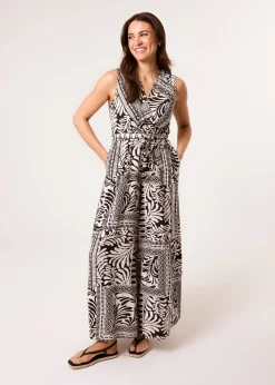 Blue Vanilla Black Sleeveless Leaf Print Jumpsuit