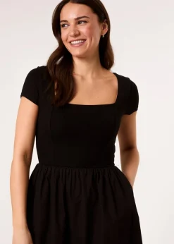 Blue Vanilla Black Square Neck Mix Fabric Midi Dress