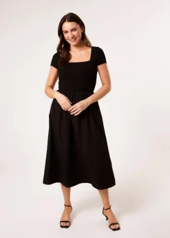 Blue Vanilla Black Square Neck Mix Fabric Midi Dress