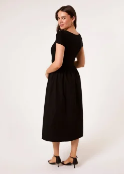 Blue Vanilla Black Square Neck Mix Fabric Midi Dress