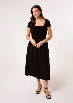 Blue Vanilla Black Square Neck Mix Fabric Midi Dress