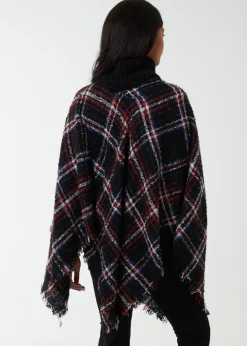 Blue Vanilla Black Tartan Roll Neck Poncho