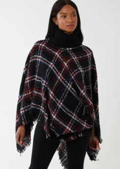 Blue Vanilla Black Tartan Roll Neck Poncho