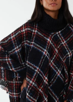 Blue Vanilla Black Tartan Roll Neck Poncho